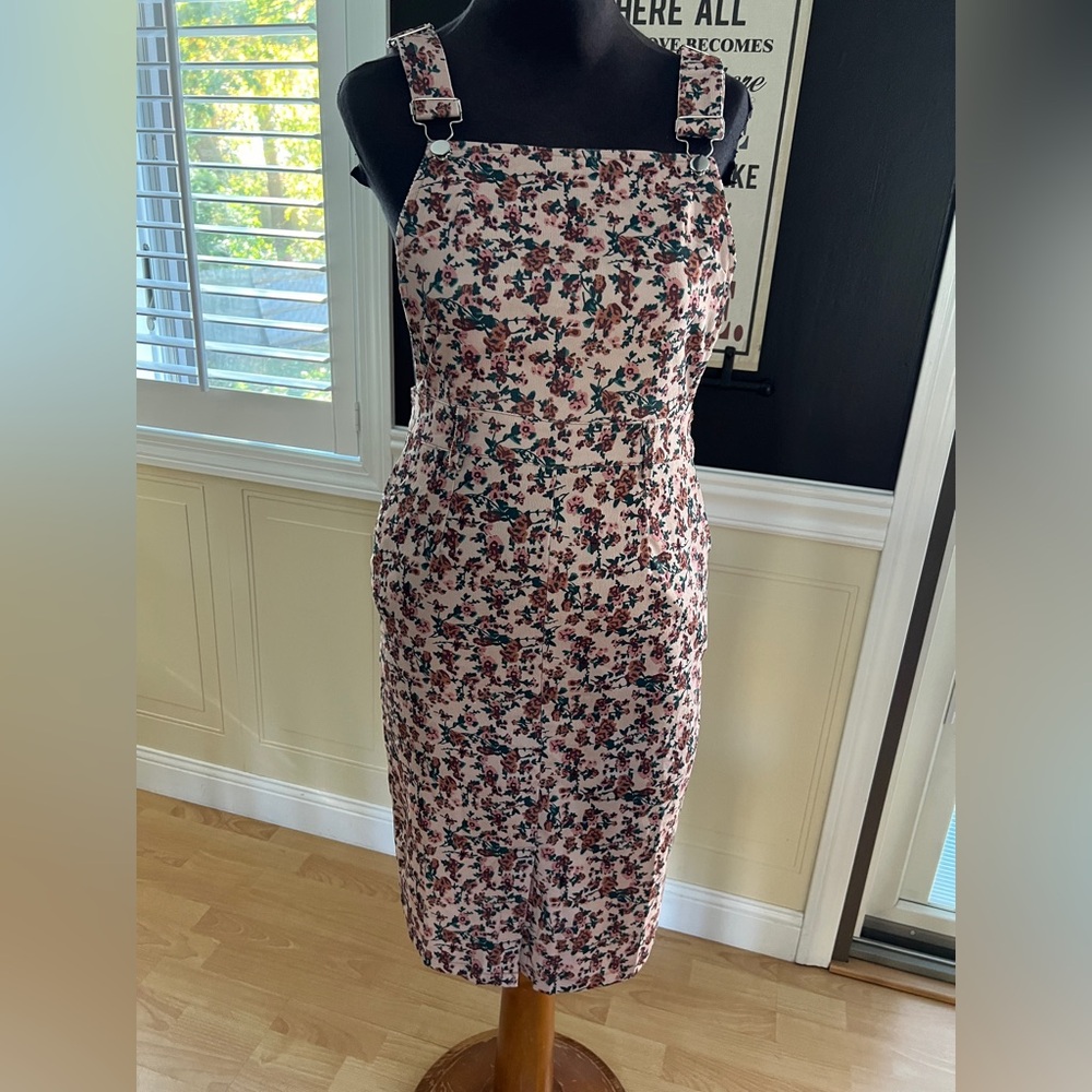Vintage Floral Corduroy Overalls Dress, Small